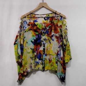 Parker 100% Silk Colorful Floral Blouse Womens L Multicolor Artsy Retro Festival